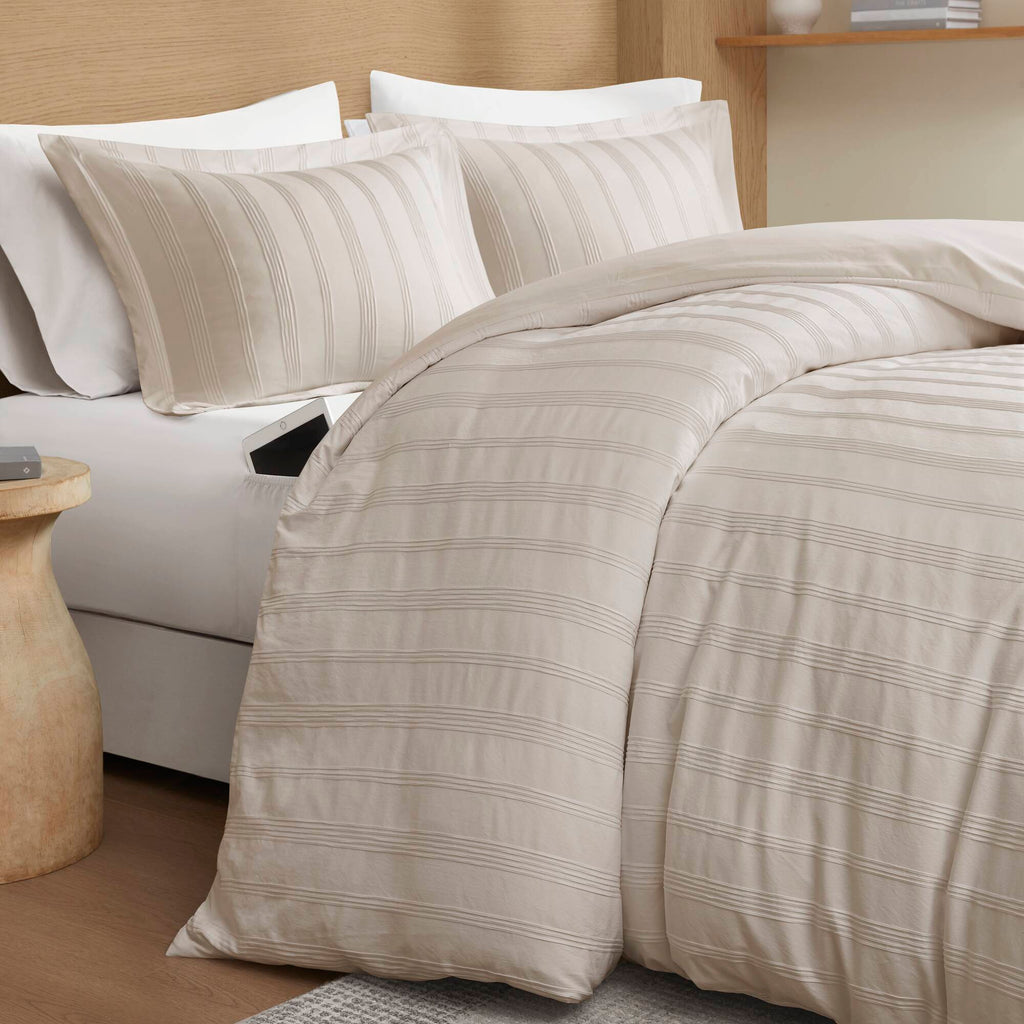Logan - Full Striped Duvet Set - Neutral