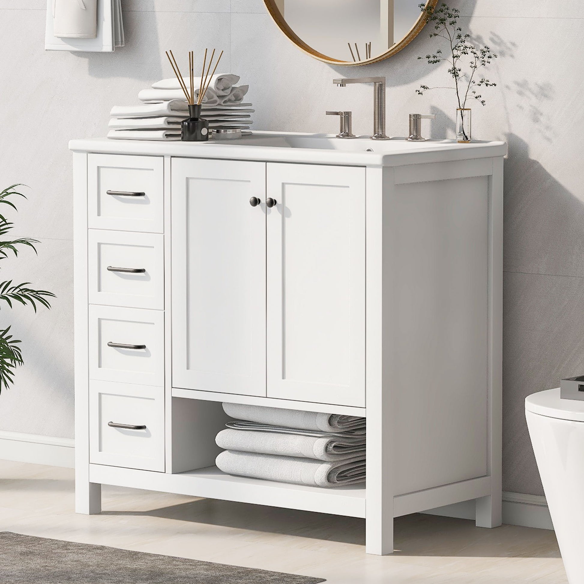 Bathroom Vanity With Sink Top, Bathroom Vanity Cabinet With 2 Doors And 2 Drawers, Open Shelf