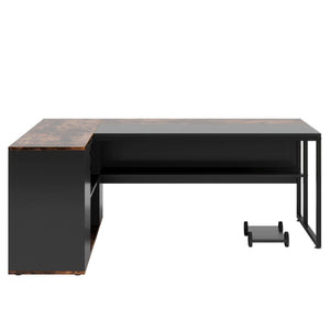 L-Shaped Executive Desk With Storage Cabinet & Shelves, Home Office Workstation With Cpu Stand And Printer Station - Brown / Black