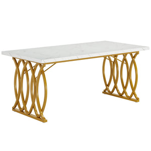 Large Rectangular Dining Table Kitchen Table With Geometric Legs - White / Gold