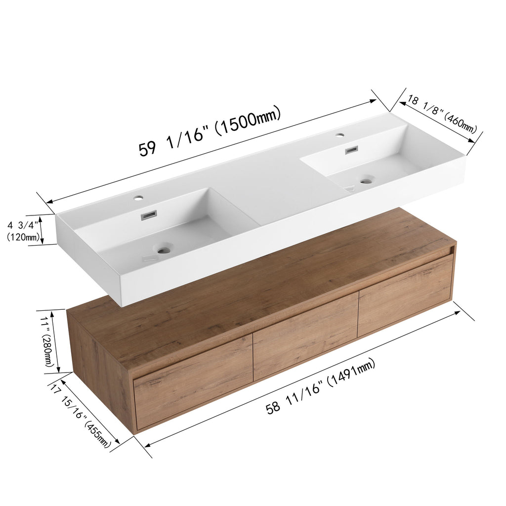 Contemporary Wall Mounted Bathroom Vanity With Dual Resin Sink And Soft Close Drawer