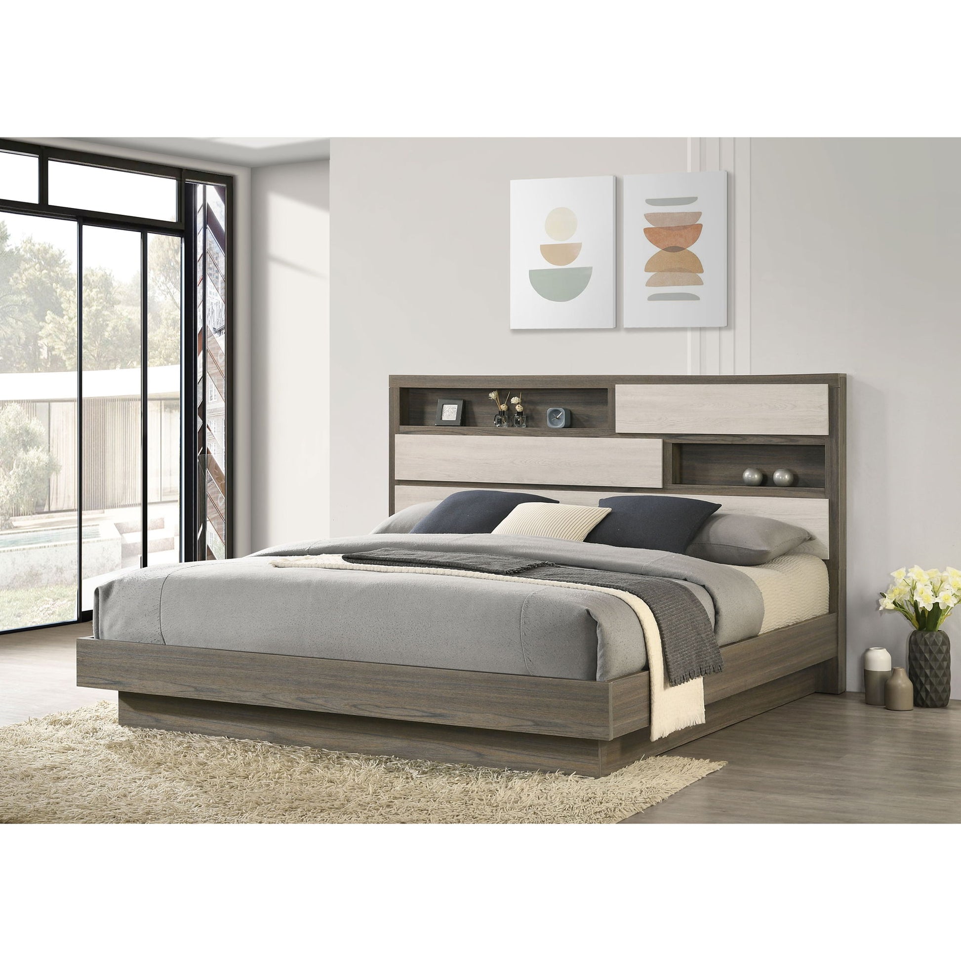 Eastern King Bed Bookcase Headboard With Hidden Storage - Oak