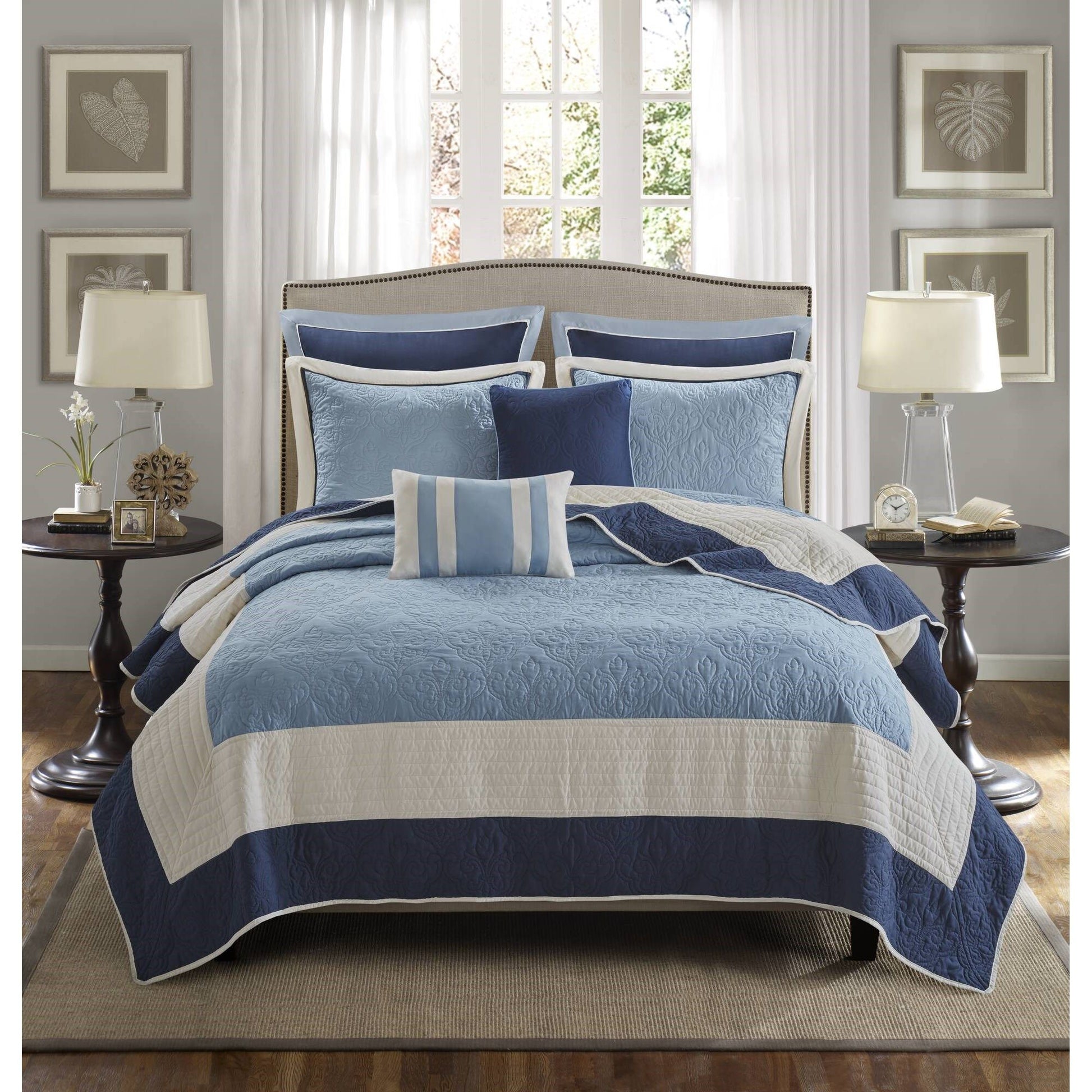 Attingham - King/California King 7 Piece Quilt Set With Euro Shams And Throw Pillows - Navy