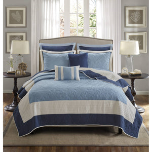 Attingham - Full/Queen 7 Piece Quilt Set With Euro Shams And Throw Pillows - Navy