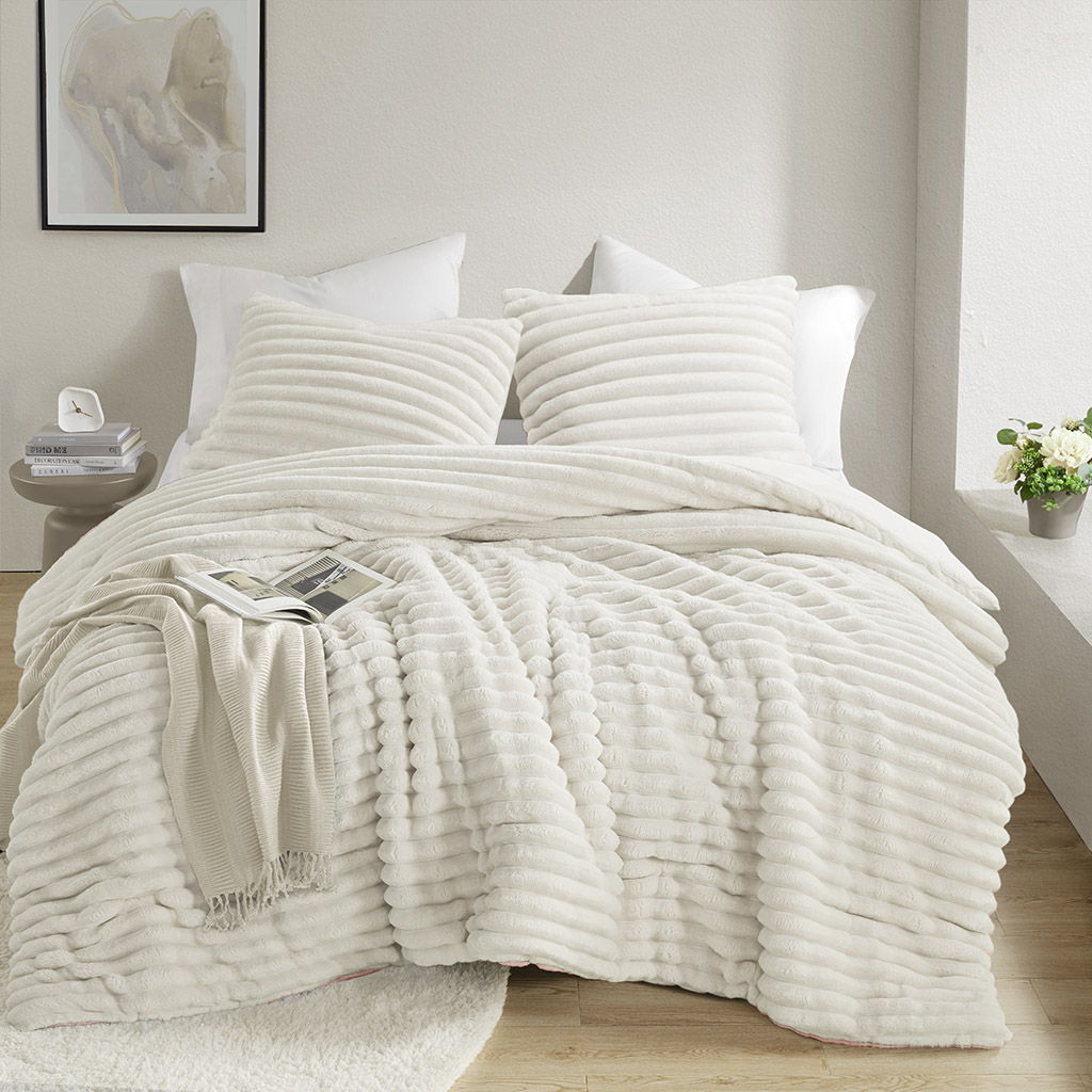Avril - Twin/Twin Long Fluffy Ribbed Plush Comforter Set - Ivory