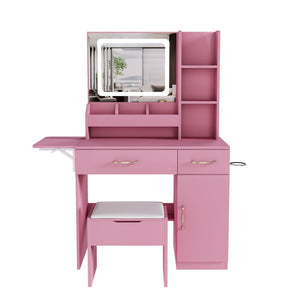 Vanity Desk With LED Mirror Lights And Power Outlet Charging Station, 3 Drawers, 7 Shelves, Storage Stool - Pink