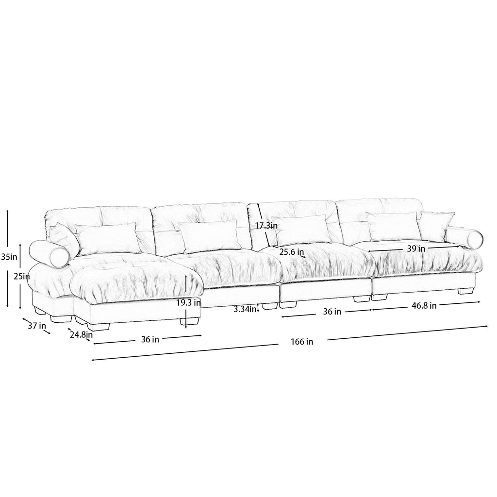 Modern Sectional Sofa With Ottoman, Round Bolster Armrests, Waist And Throw Pillows