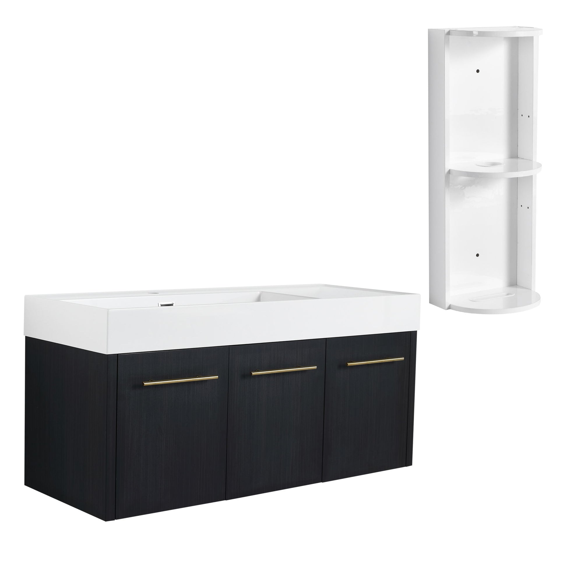 Modern Chestnut Wall Mounted Bathroom Vanity With Left Resin Sink And Storage Rack - Black Chestnut