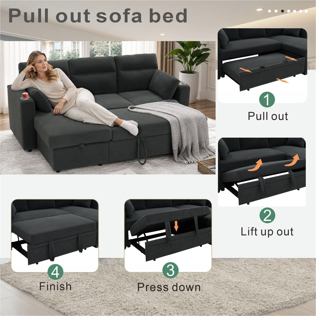 Convertible L - Shaped Sectional Sofa Bed With Storage Chaise, Cup Holders