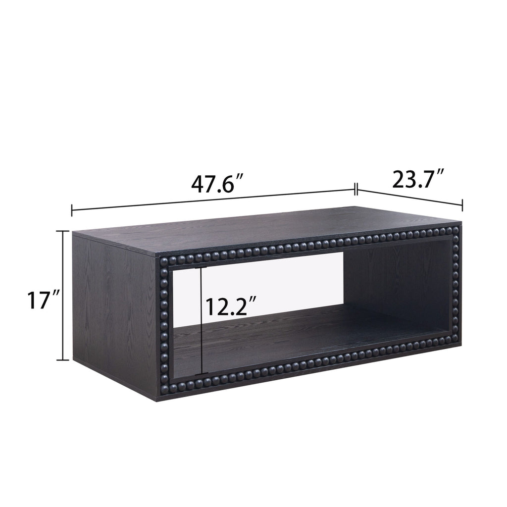 Beaded Edge Coffee Table, Rectangular Center Table With Open Storage Shelf - Black