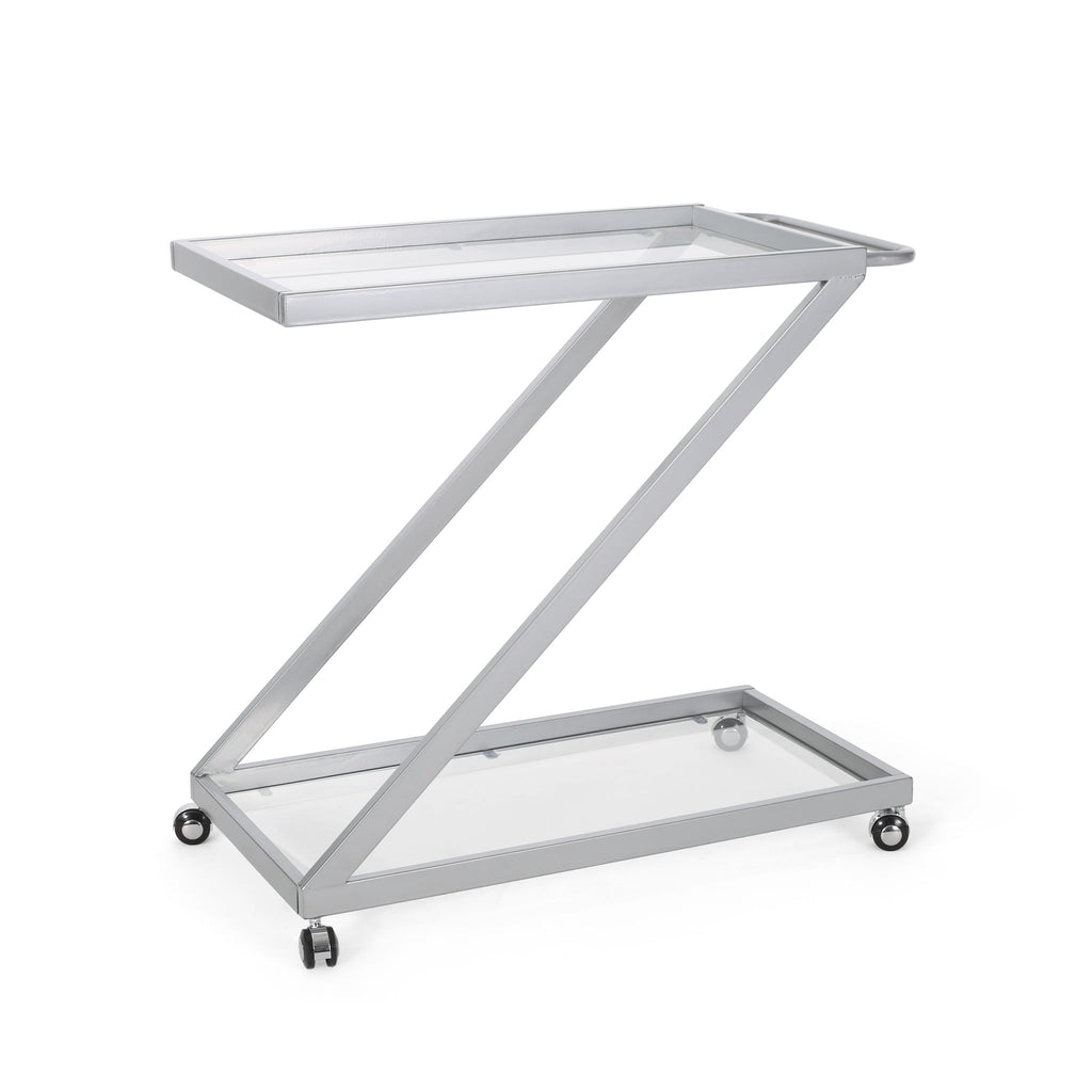 Modern Z Shaped Bar Cart With Tempered Glass Shelves - Silver
