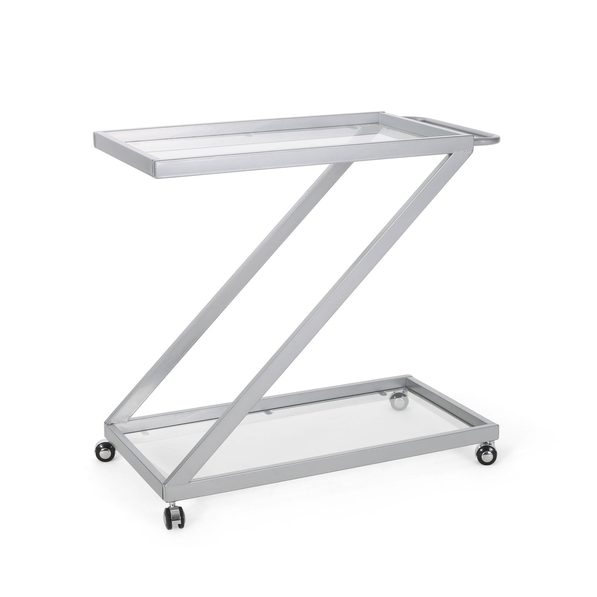 Modern Z Shaped Bar Cart With Tempered Glass Shelves - Silver