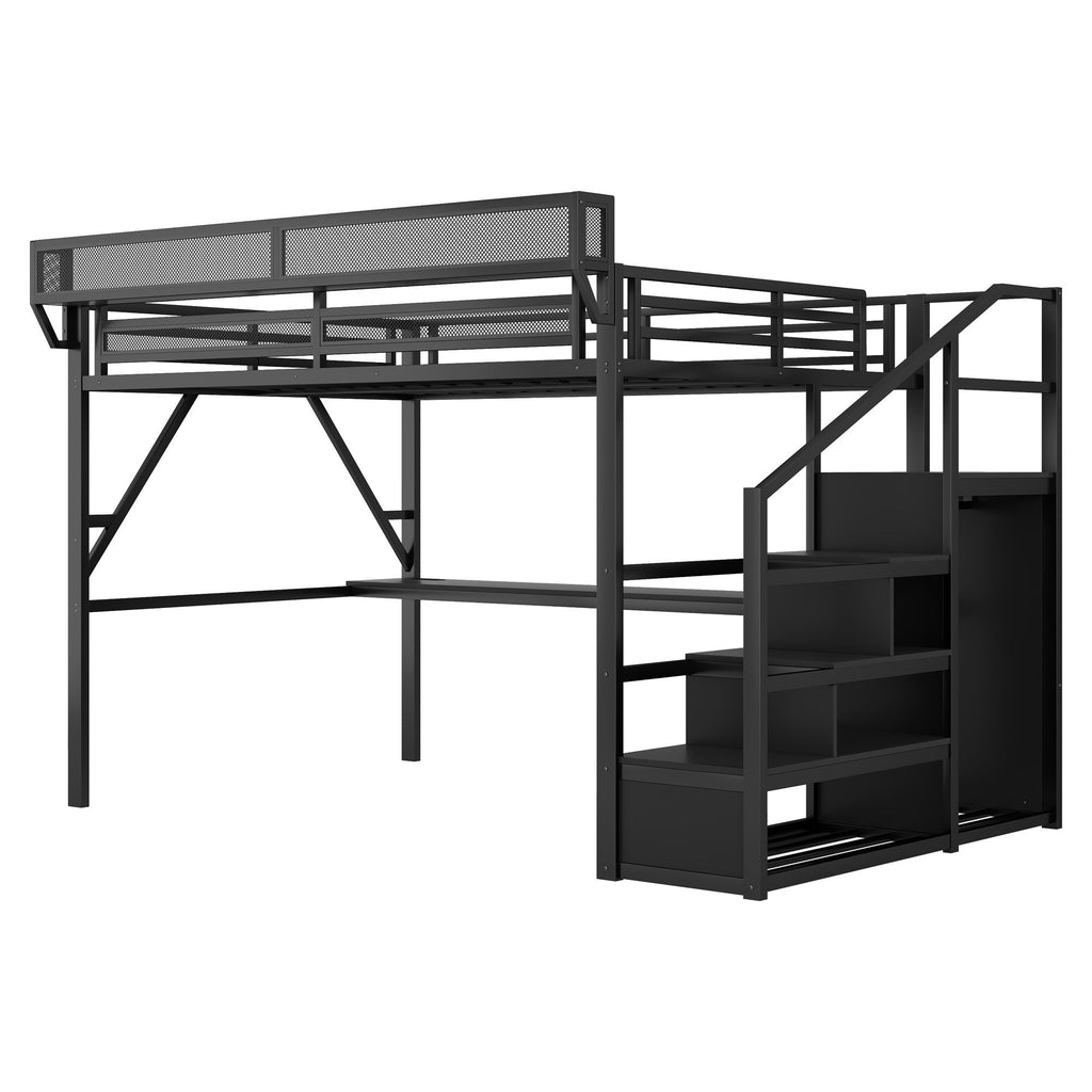 Full Loft Bed With Desk And Charging Station Stairs And Light - Black