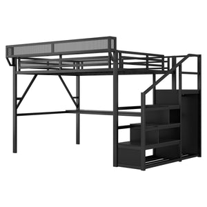 Full Loft Bed With Desk And Charging Station Stairs And Light - Black