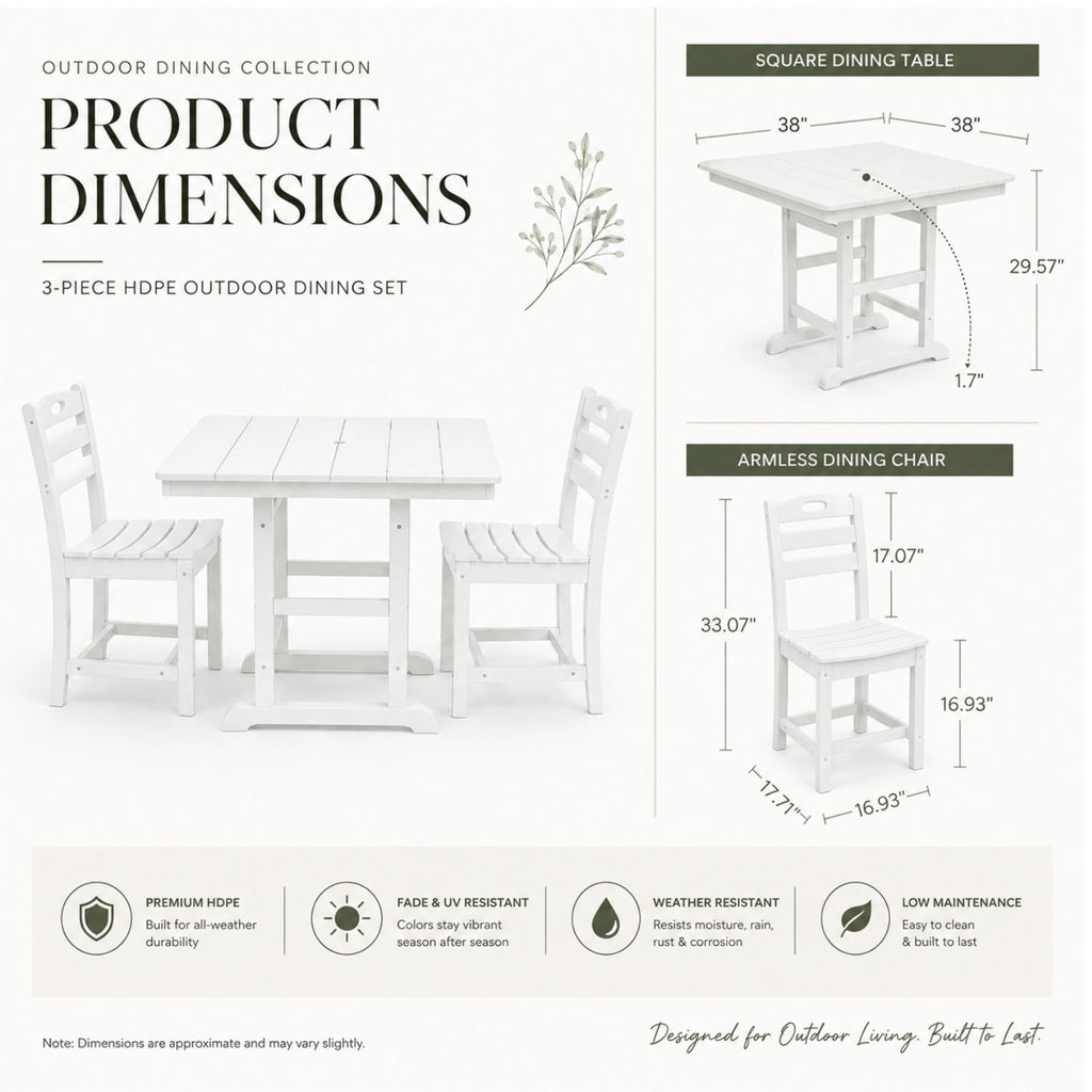 Outdoor Patio Dining Set, Square Table With Umbrella Hole And Armless Chairs