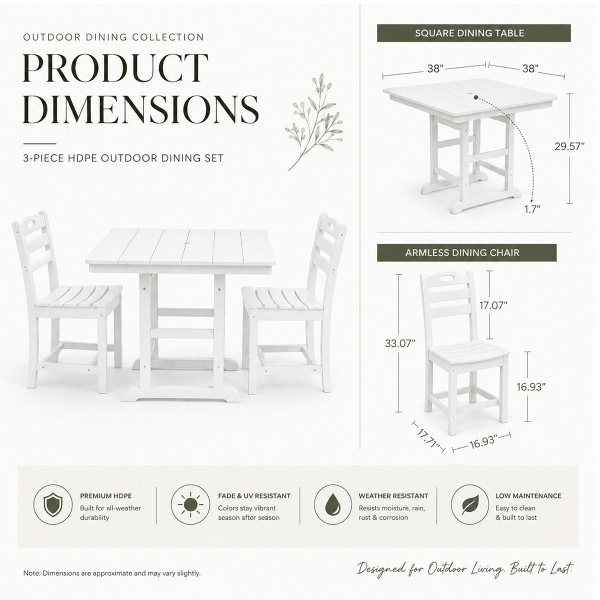 Outdoor Patio Dining Set, Square Table With Umbrella Hole And Armless Chairs