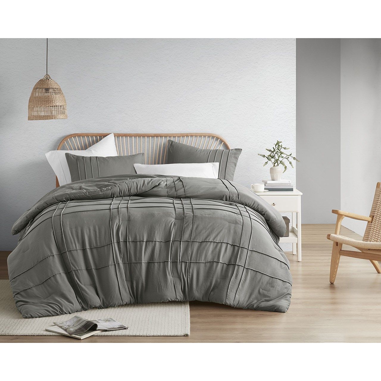 Porter - California King Soft Washed Pleated Duvet Cover Set - Gray