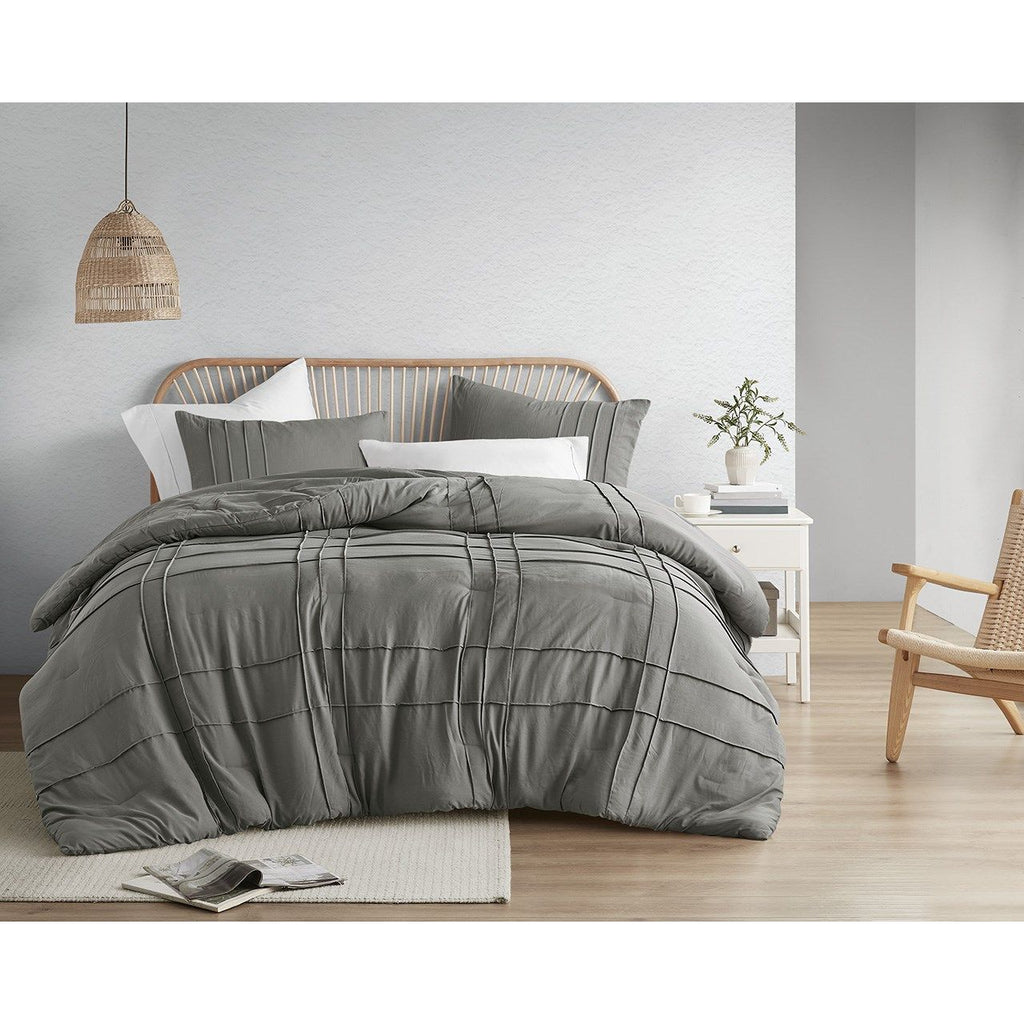 Porter - Full Soft Washed Pleated Duvet Cover Set - Gray