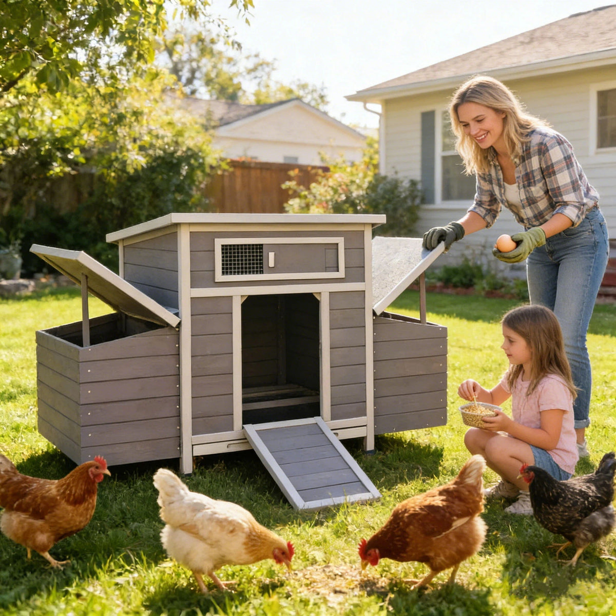 Chicken Coop, Large Outdoor Hen House With Run And Nesting Box Poultry Cage, Rabbit Hutch - Grayish Purple