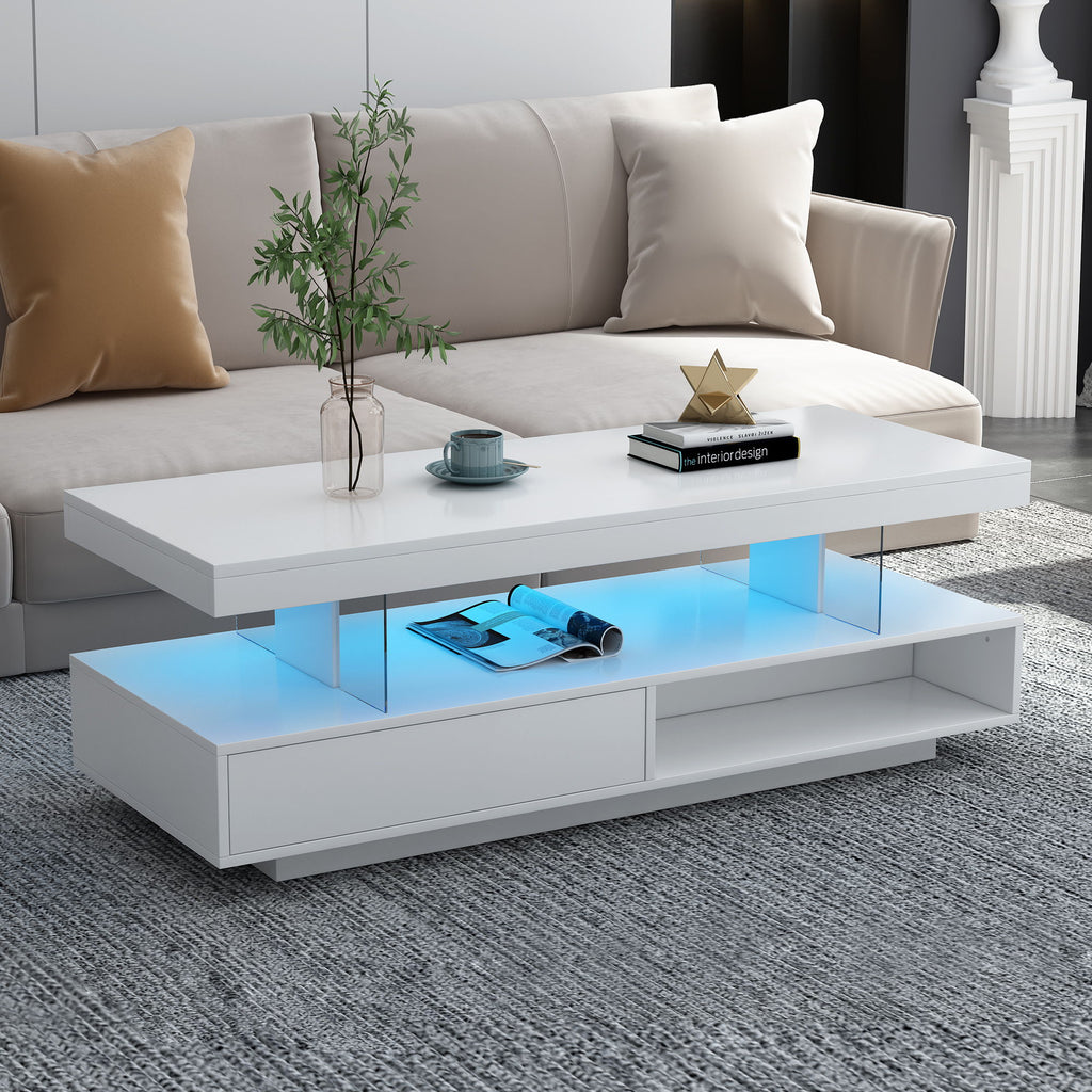 LED Coffee Table With Storage, Modern Center Table With 2 Drawers And Display Shelves, Accent Furniture With LED Lights For Living Room - White
