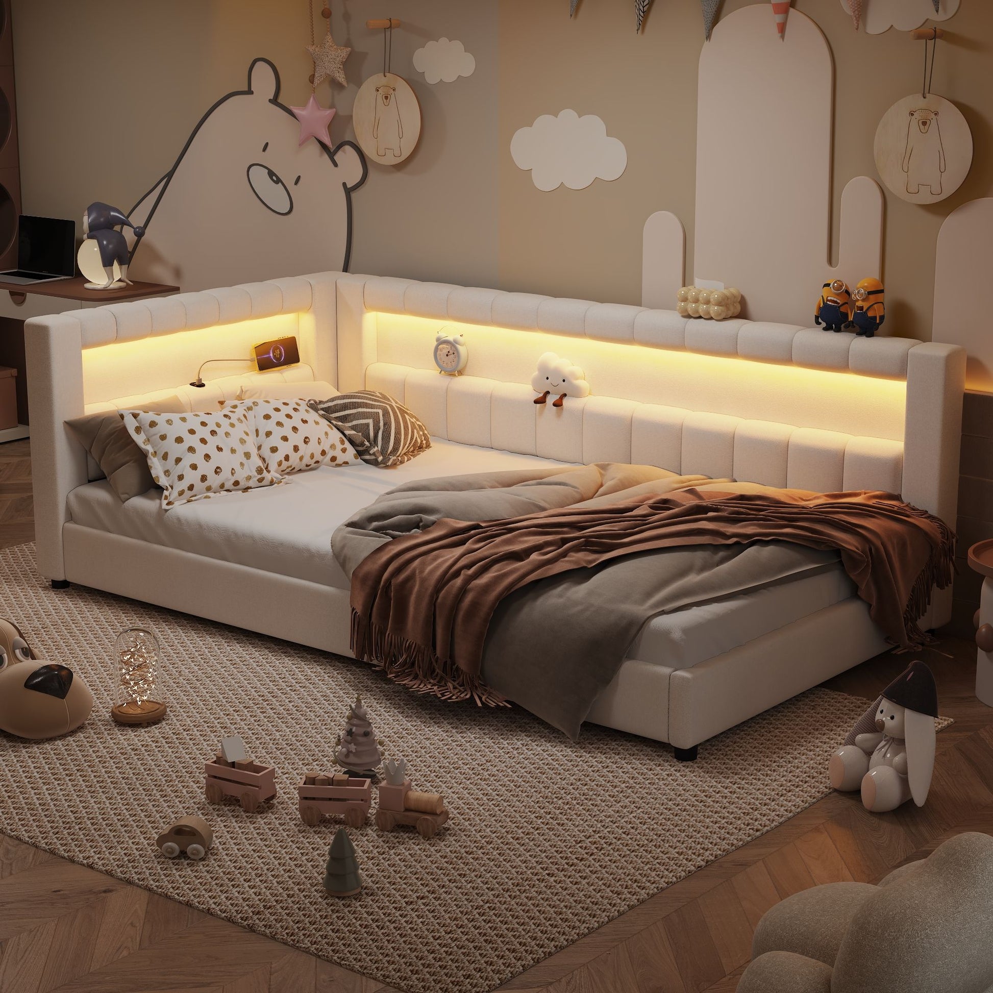 Upholstered Platform Bed With LED Belt And USB Ports