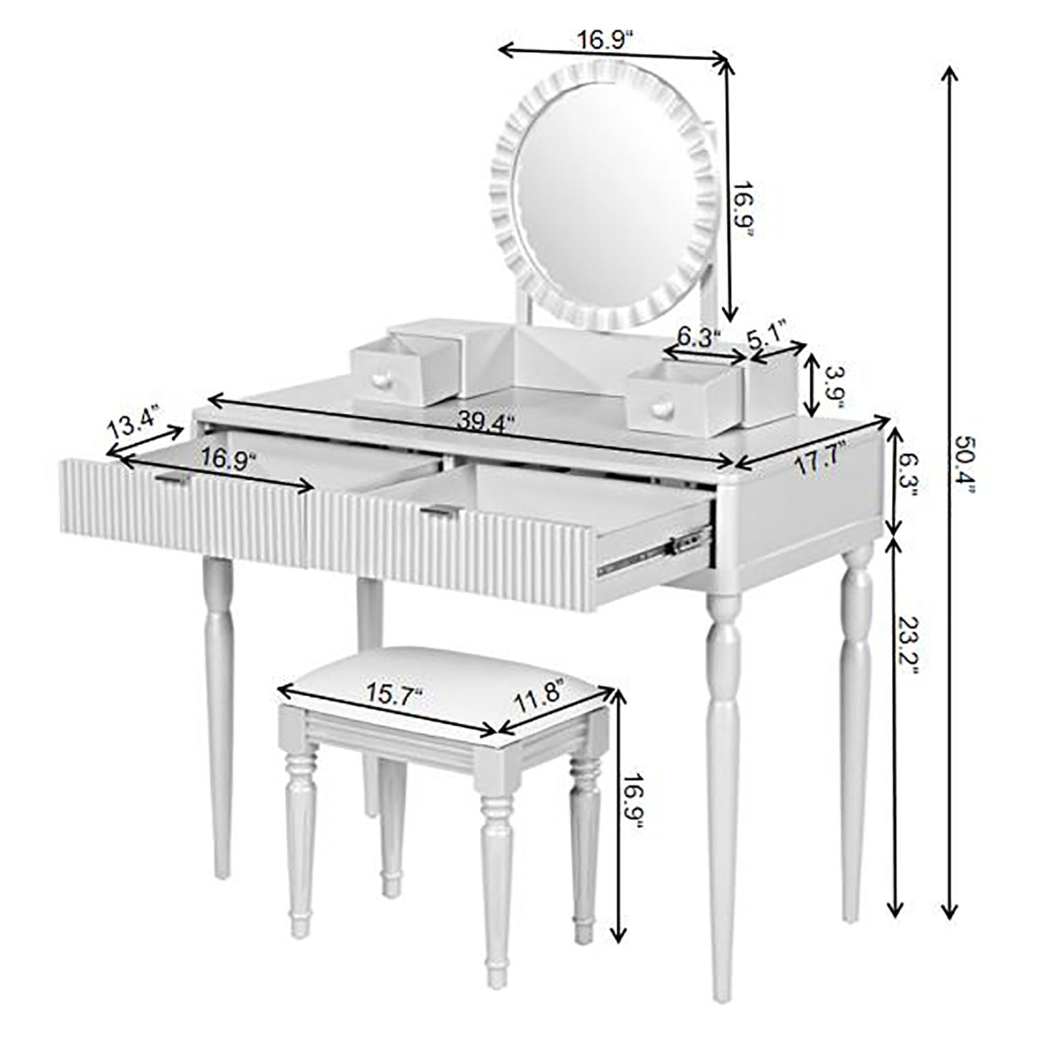 Luxury Vanity Desk With Round Mirror Height Adjustable Dressing Table Set Engineered Wood - Silver