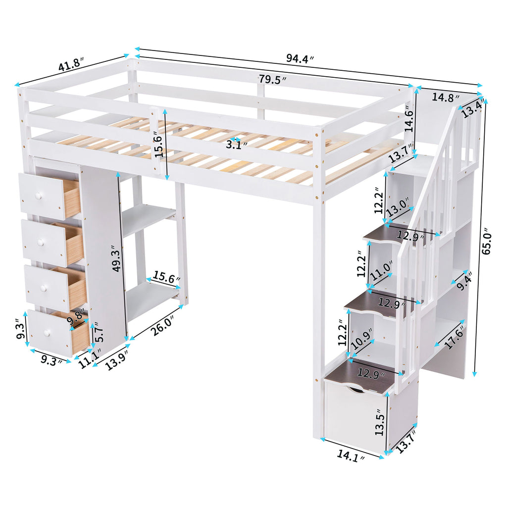 Loft Bed With Storage Drawers And Stairs With Shelves