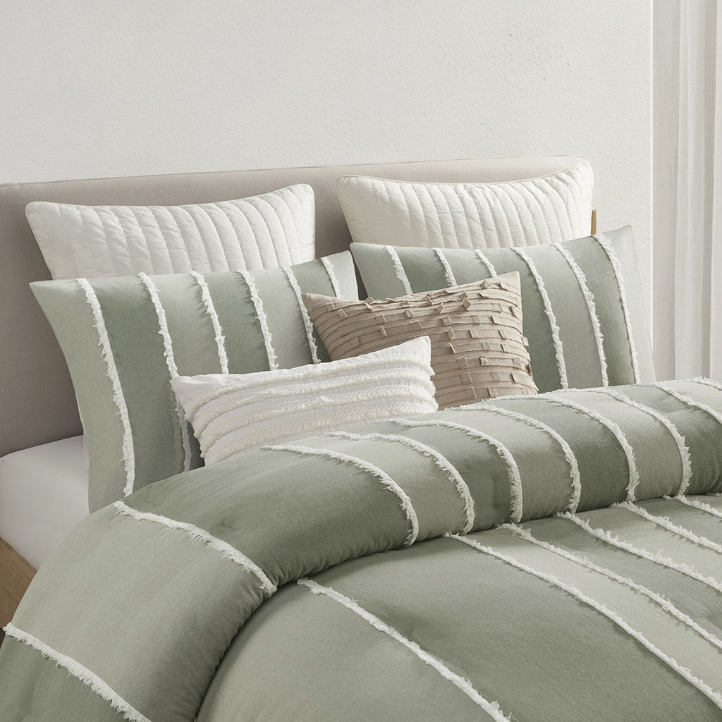 Shay - 3 Piece Striped Cotton Comforter Set - Sage