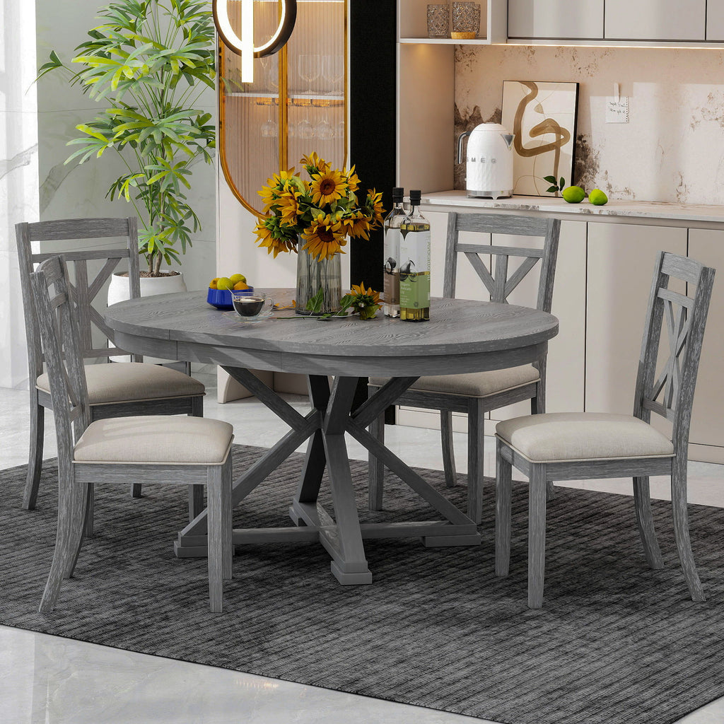 Dining Set With Extendable Round Table And 4 Upholstered Chairs