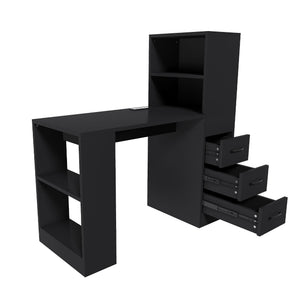 Computer Desk With 4 In 1 Socket, 3 Slide Drawers And 4 Storage Levels, For Home Office - Black