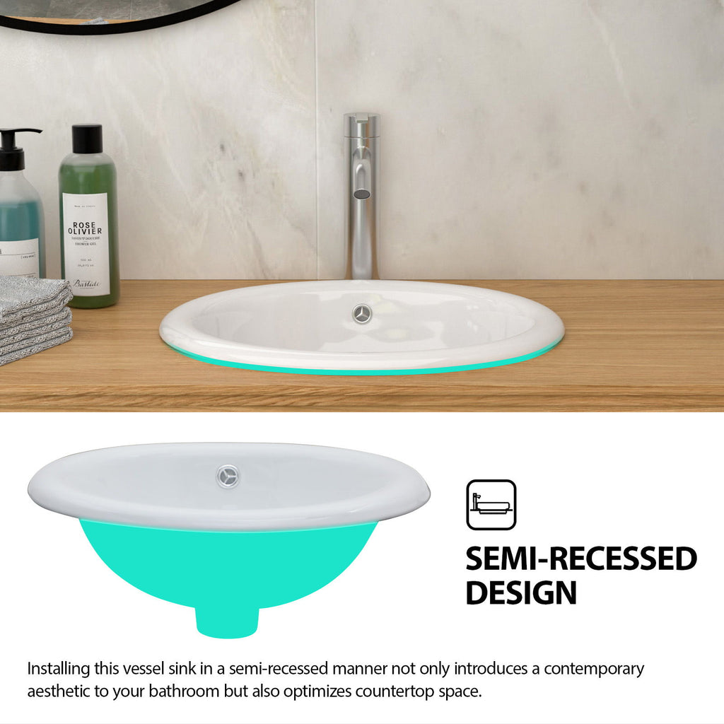 Semi Recessed Bathroom Sink With Countertop Vessel Design, 17" X 15.5" - White