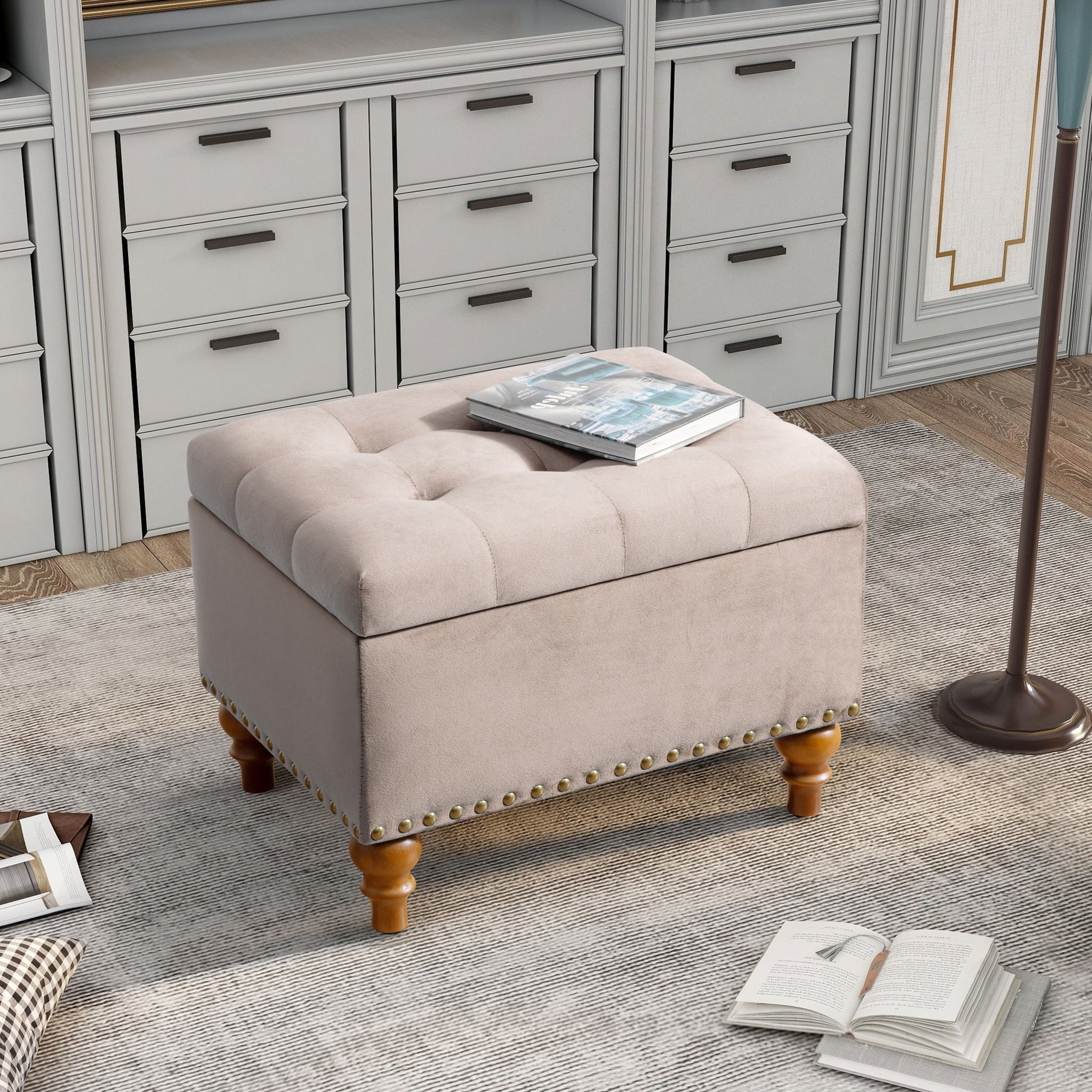 Upholstered Ottoman With Storage And Rivet Trim