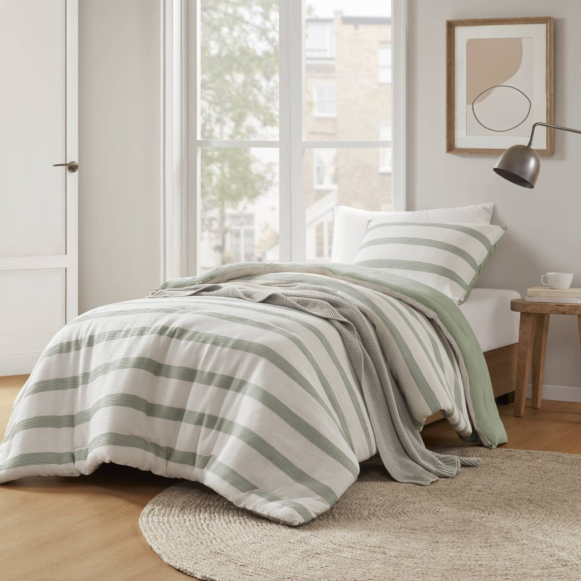 Merritt - Twin/Twin Long Yarn-Dyed Striped Comforter - Sage Green