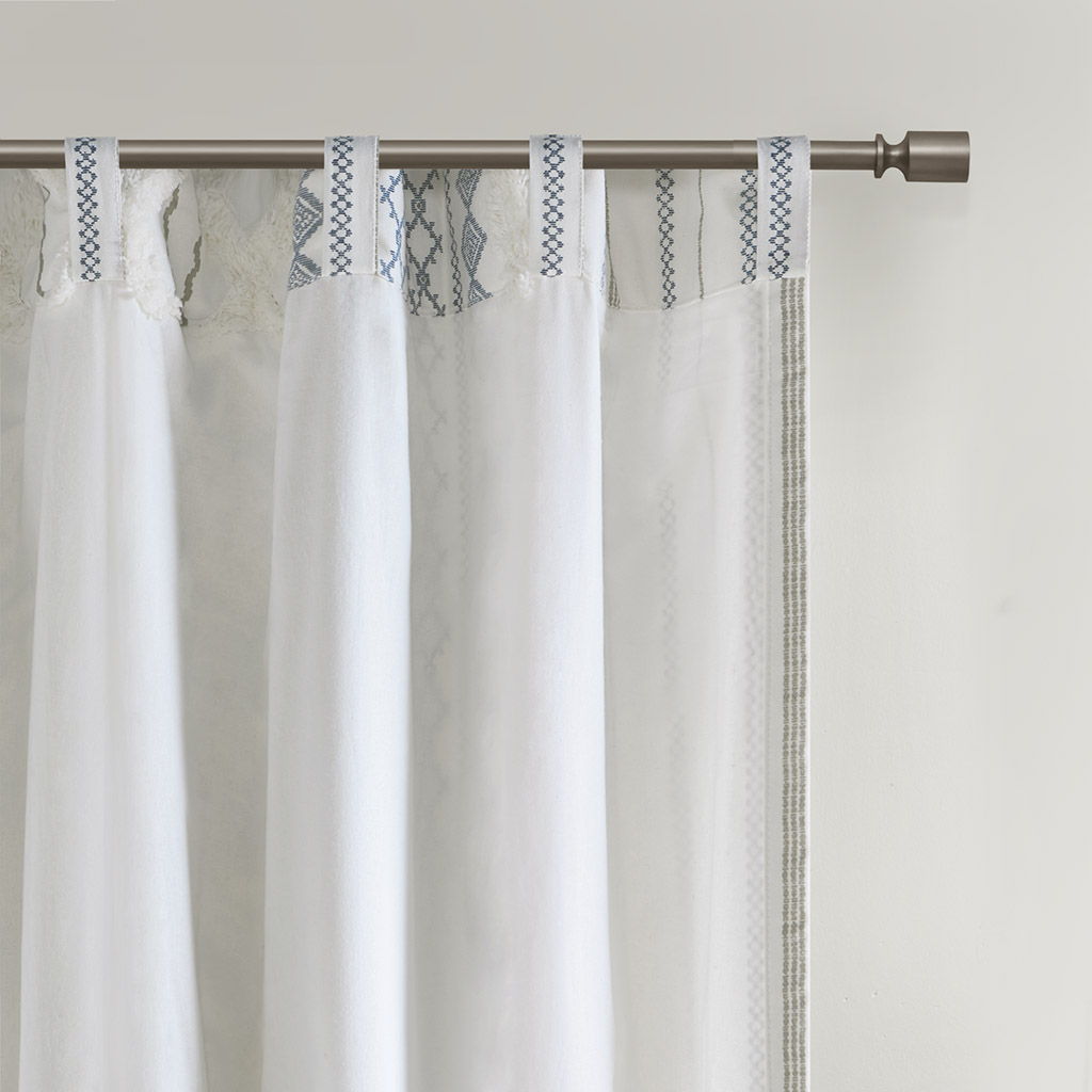 Imani - 50x108" Printed Curtain Panel With Stripe And Lining - White / Navy