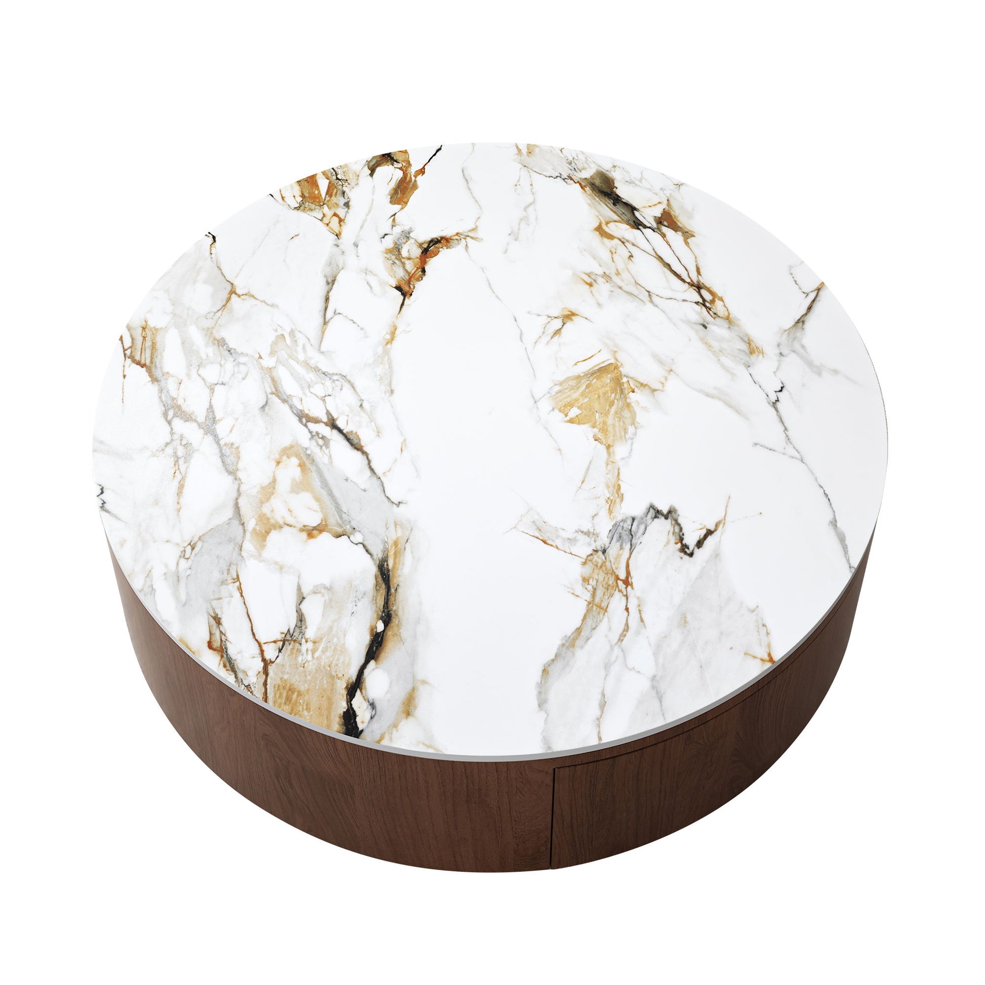 Round Coffee Table With 2 Drawers For Living Room - Walnut Brown / White / Multi