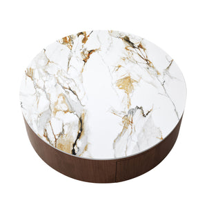 Round Coffee Table With 2 Drawers For Living Room - Walnut Brown / White / Multi