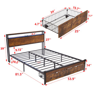 Modern Metal Platform Bed Frame With Wooden Headboard And Footboard, USB Charging Station, LED Lights, 2 Drawers