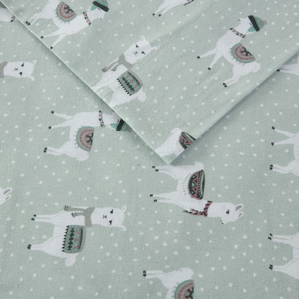 Cozy Flannel - Twin Long Printed Sheet Set - Seafoam Llama