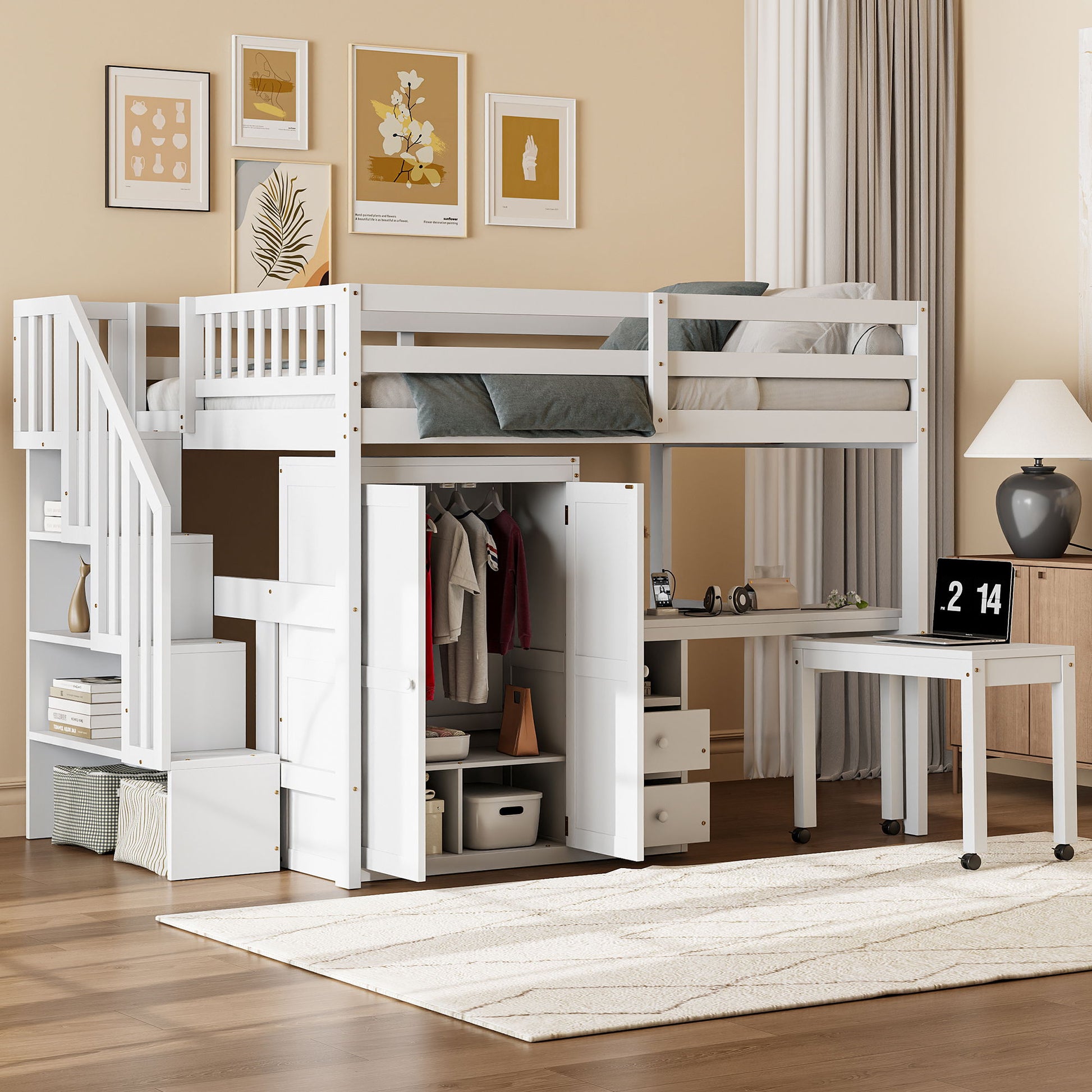 Loft Bed With Stairs, Bookshelf, Drawers, Desk & Wardrobe, Space Saving Multifunctional Furniture