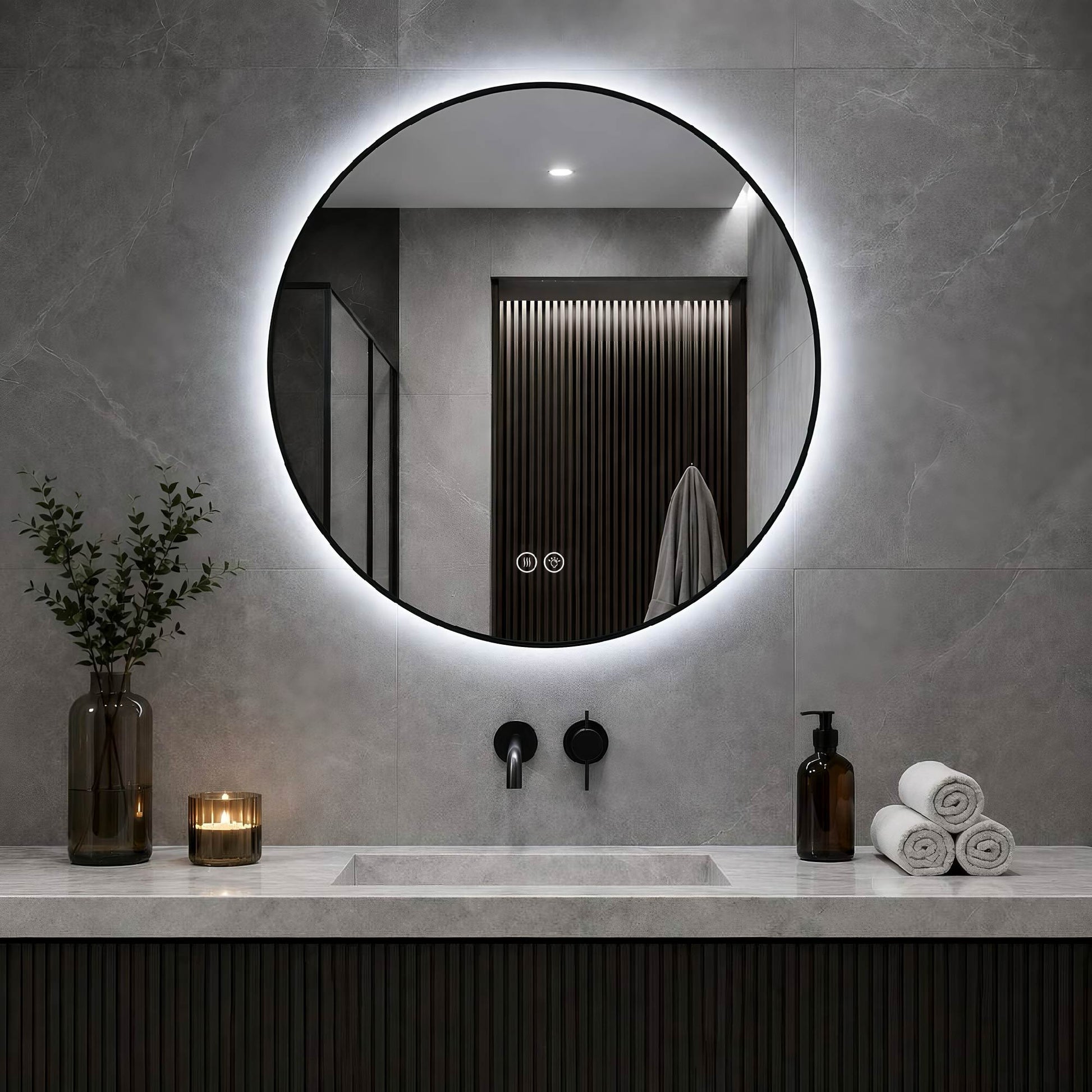 Round Framed Dimmable ED Bathroom Mirror With Anti Fog