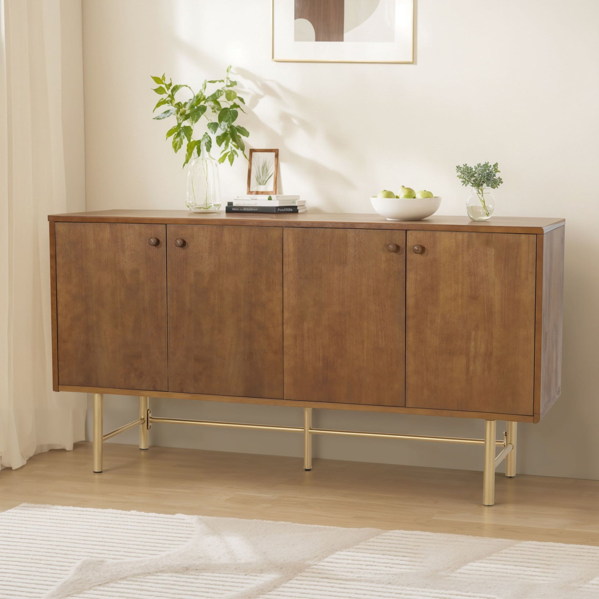 Modern Scandinavian 4 Door Sideboard Storage Cabinet With Adjustable Shelves - Brown / Gold