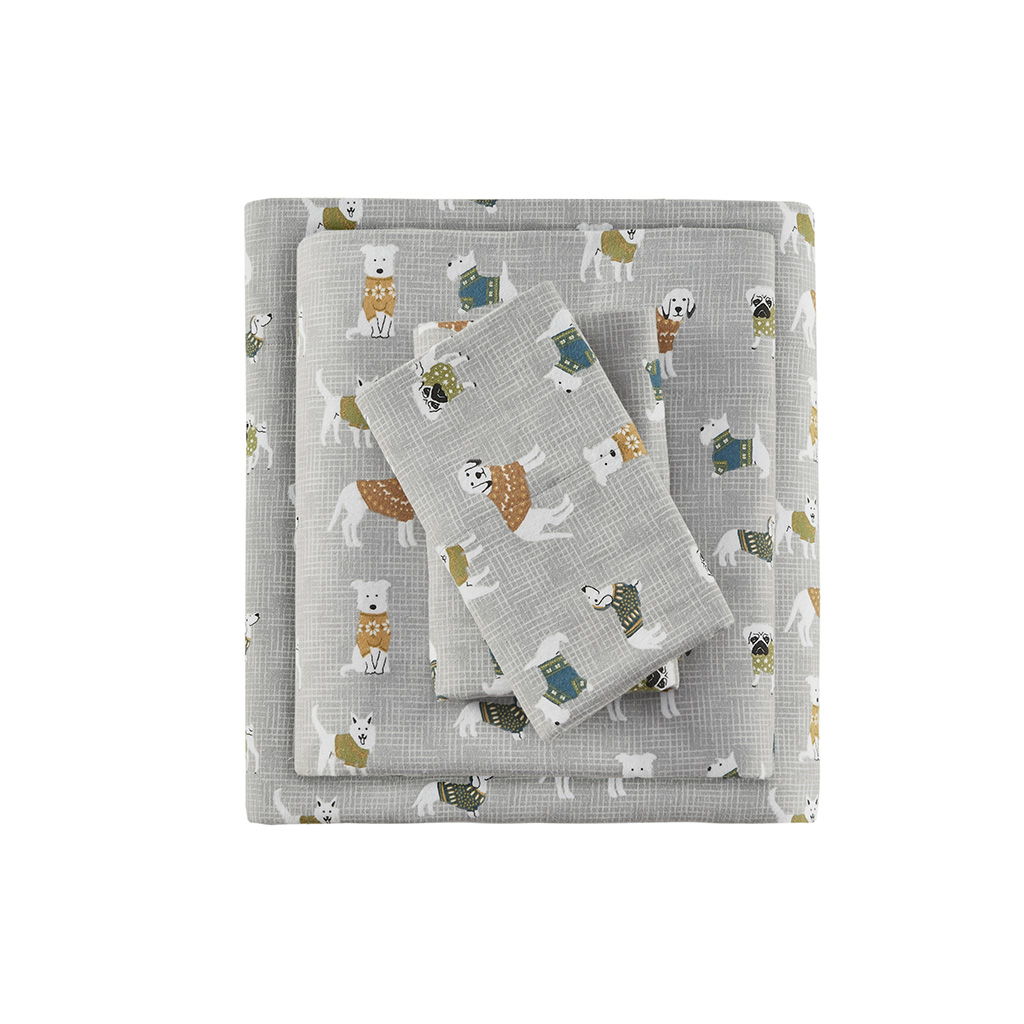 Cozy Flannel - Queen Printed Sheet Set - Gray Dogs