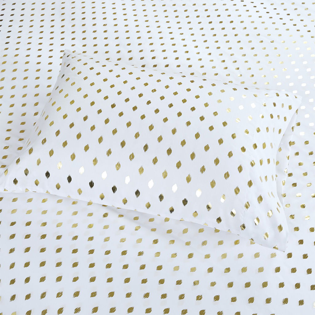 Metallic Dot - Twin Long Printed Sheet Set - White / Gold