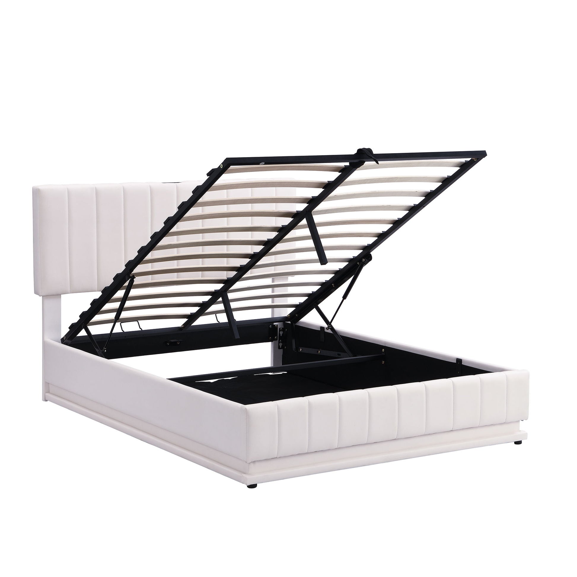 Upholstered Bed With Hydraulic Storage System And LED Light, With Sockets And USB Ports