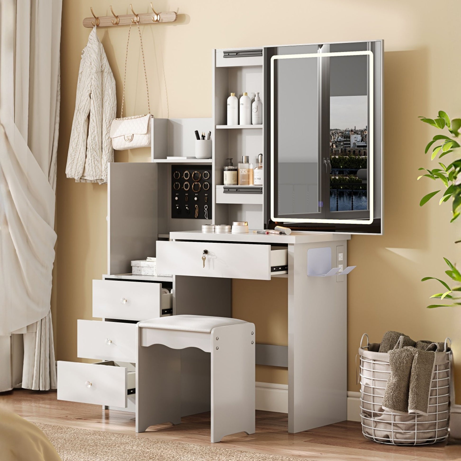 Vanity Desk Set With Sliding Lighted Mirror, 4 Drawer Makeup Dressing Table With 9 Storage Spaces, Hidden Compartments & Cushioned Stool, Beauty Furniture For Bedroom - White