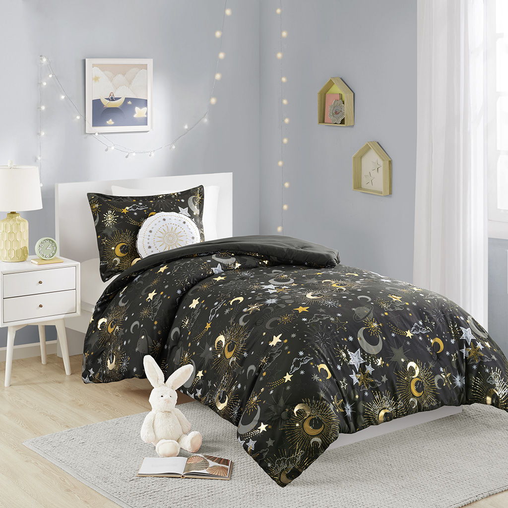 Celia - Starry Sky Metallic Twin Comforter Set With Throw Pillow - Charcoal/Gold