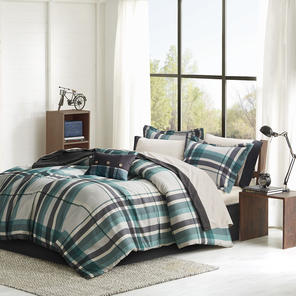 Robbie - 9 Piece Full Plaid Comforter Set With Bed Sheets - Teal / Black