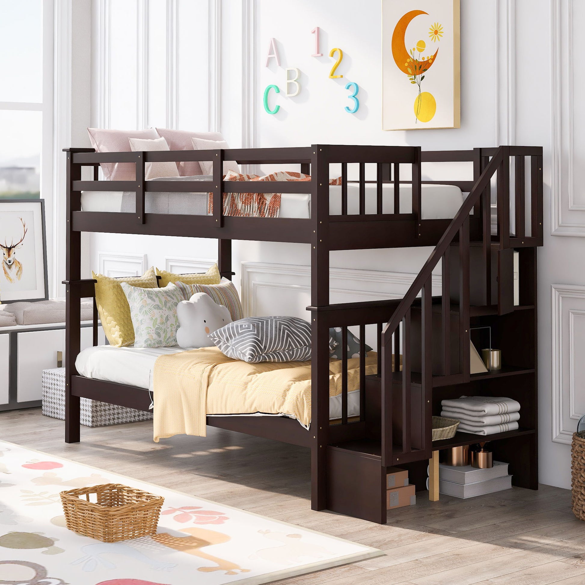 Stairway Bunk Bed With Storage And Guard Rail For Bedroom