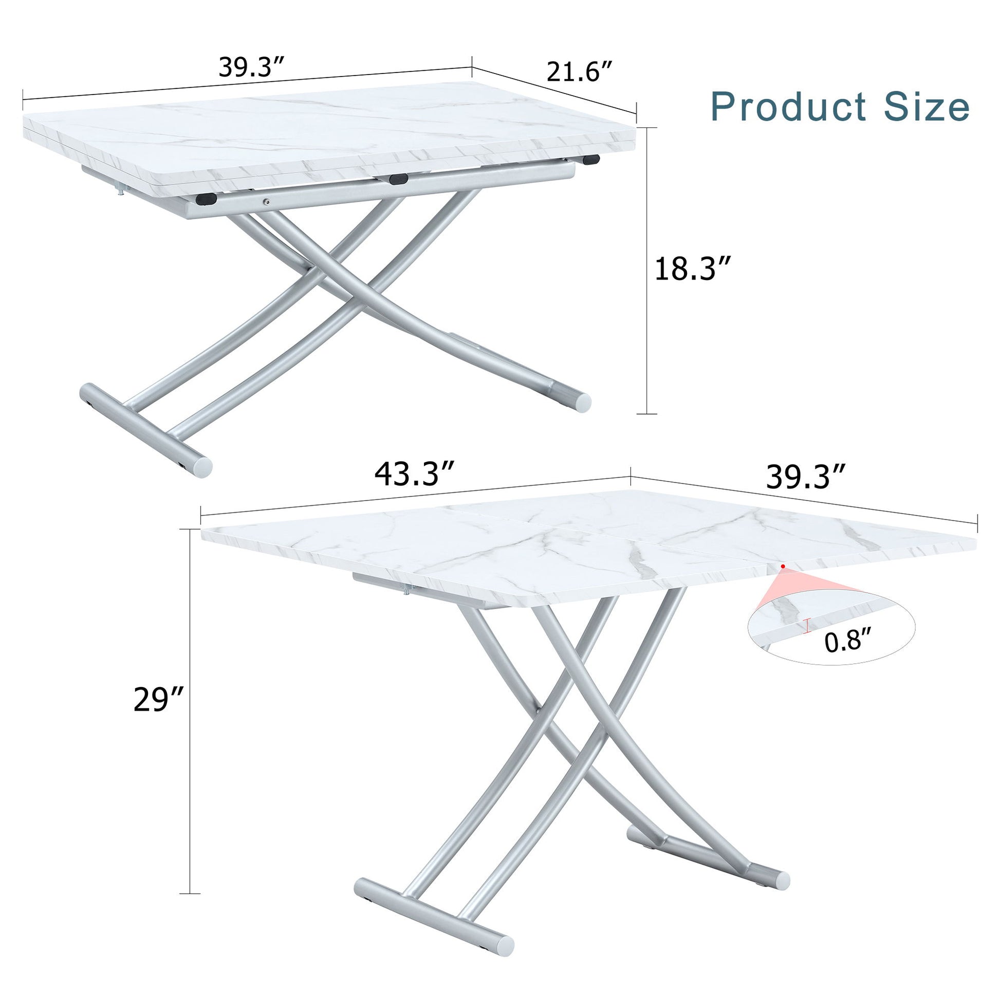 Modern Minimalist Multifunctional Lift Table With Metal Legs - White / Silver