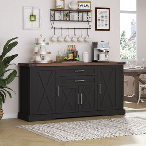 Barn Door Storage Cabinet With 2 Drawers & Door Rack, Adjustable Shelves - Black